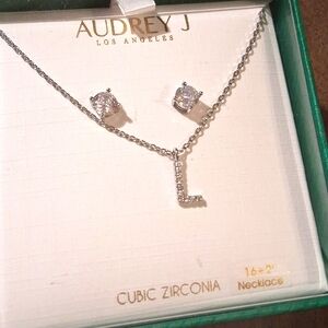 NEW Necklace Ladies Silvertone Necklace &  Earrings Cubic Zirconia  Letter L